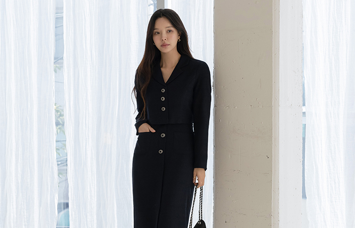 水晶 粗呢 分层 长袖 连衣裙