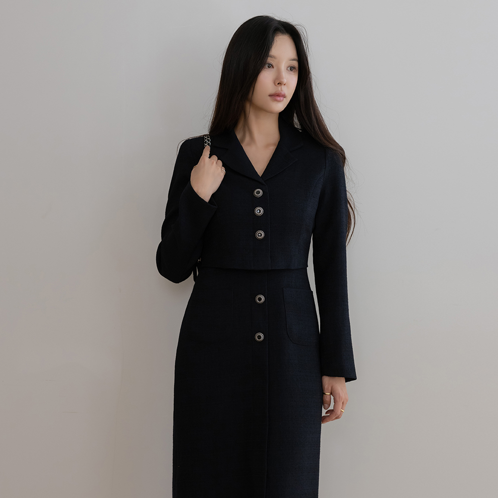 水晶 粗呢 分层 长袖 连衣裙