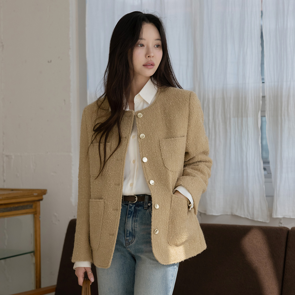 圆领 羊毛 结子花式 粗呢 夹克