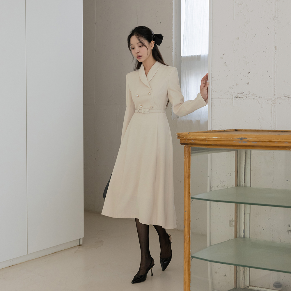 披巾领 珍珠扣 A字型 粗呢 连衣裙(+腰带)