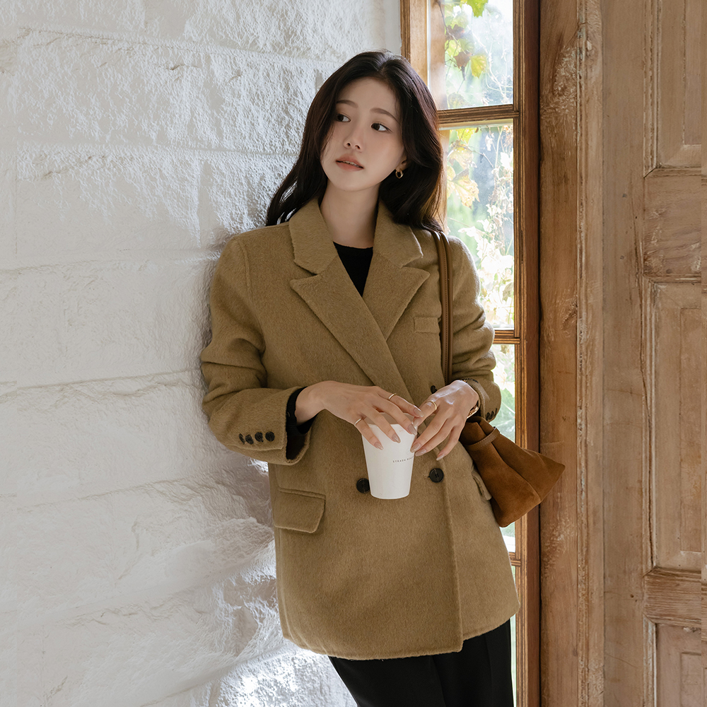翻领 双 扣子 羊毛 手工 短上衣 大衣