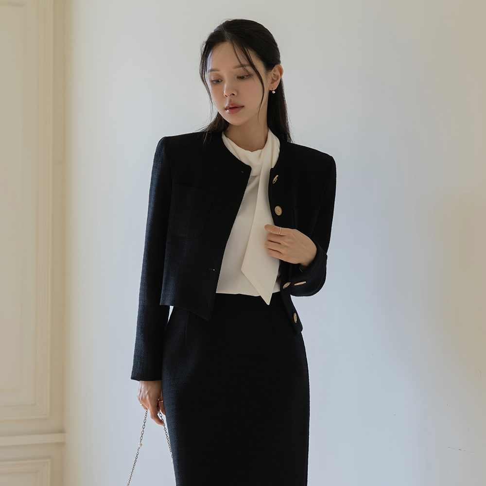 利兹 圆领 珍珠 粗呢 Set-up 夹克