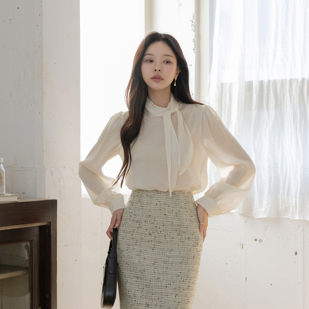 围巾领 珍珠 透视 罩衫