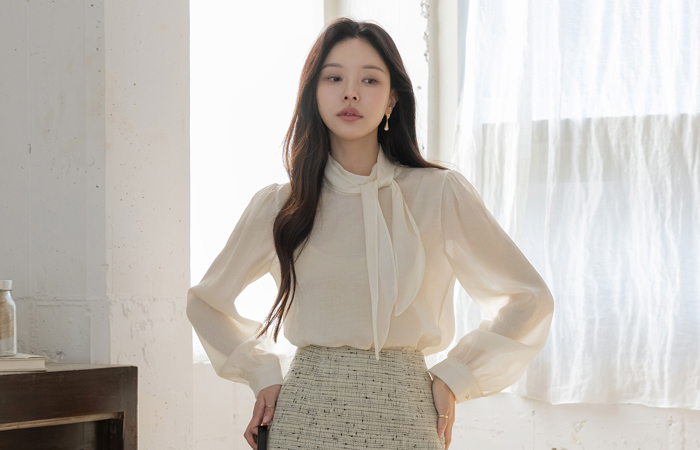 围巾领 珍珠 透视 罩衫