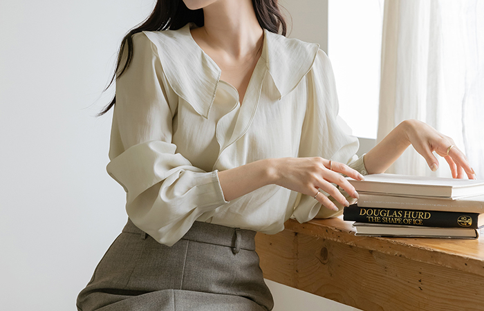 荷叶 翻领 天丝 长袖 罩衫