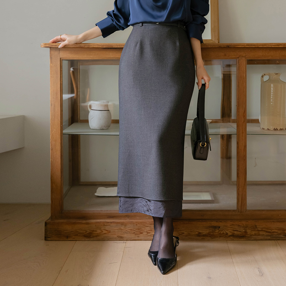 透视 配色 H字型 长款 裙子(+腰带)