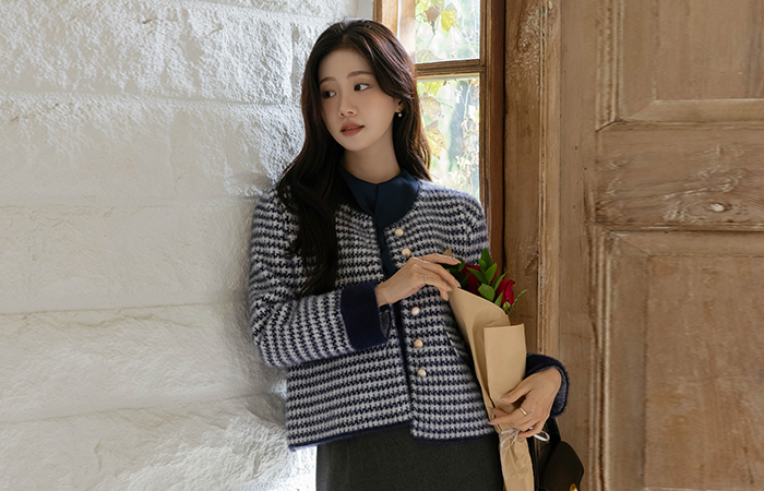 犬牙 格子 袖 配色 柔软的 开衫