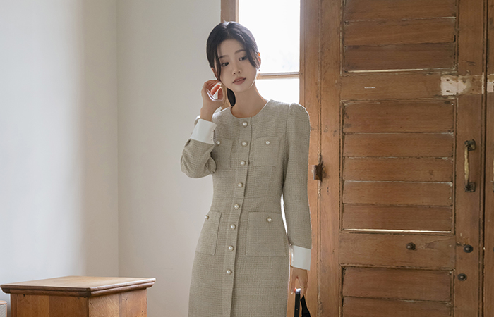 袖 配色 珍珠 扣子 粗呢 长款 连衣裙