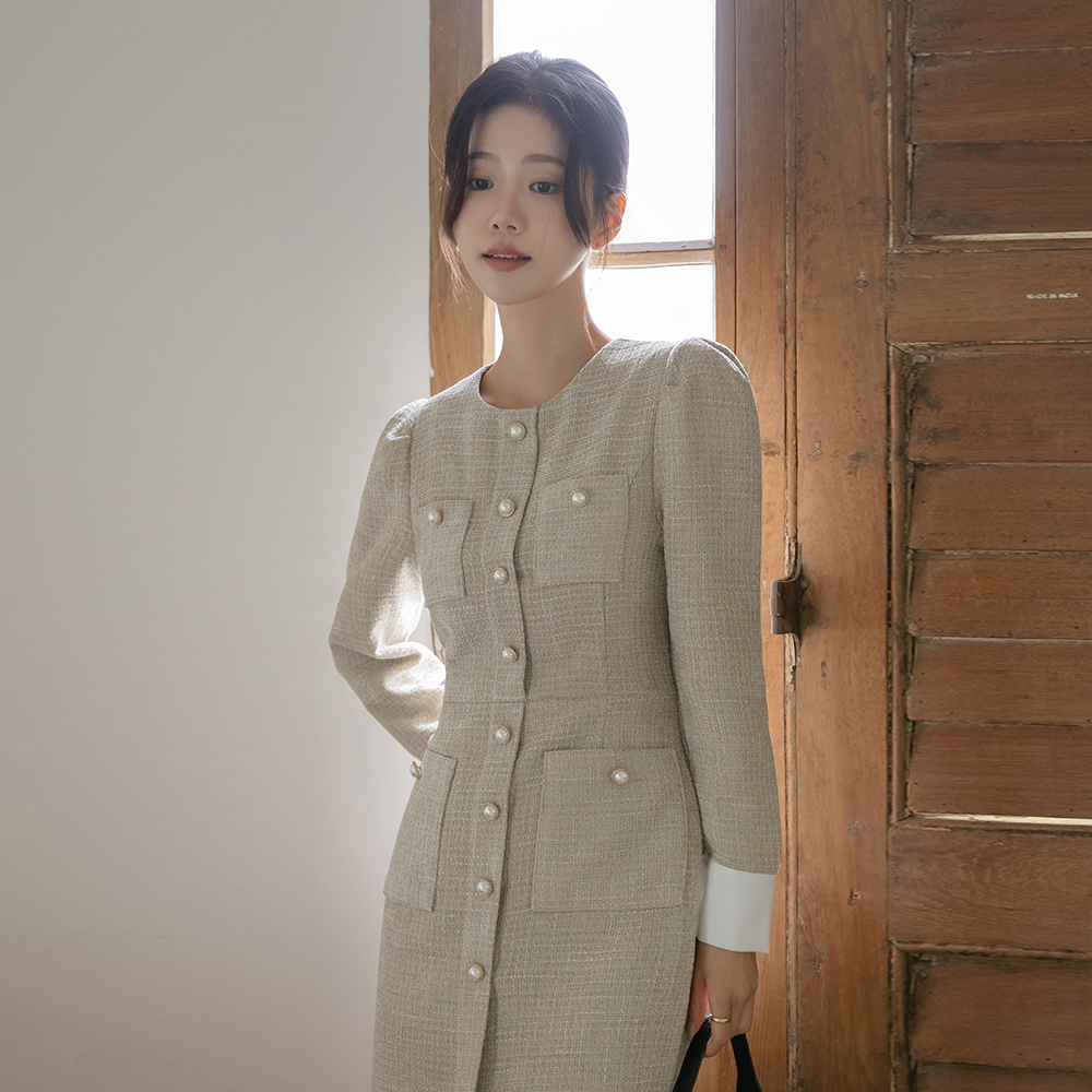 袖 配色 珍珠 扣子 粗呢 长款 连衣裙