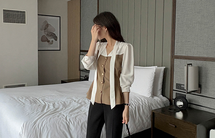 配色 荷叶边 罩衫(+领带)