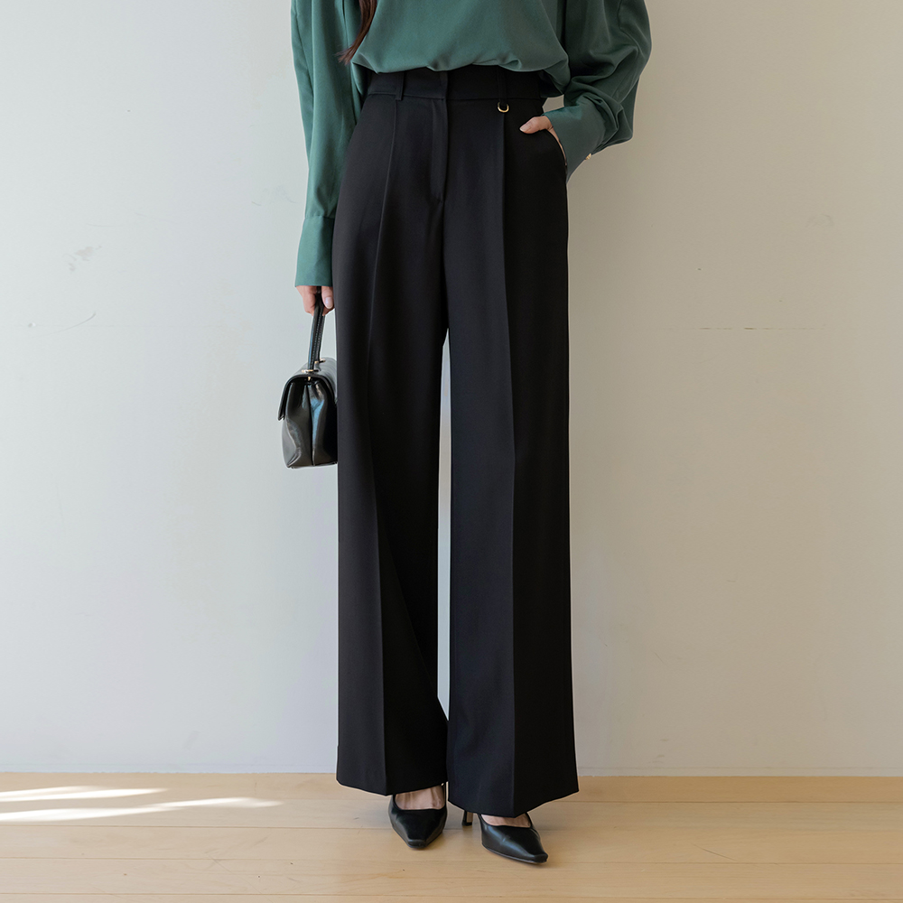 D戒指 点缀 细褶 一字型 宽松长裤