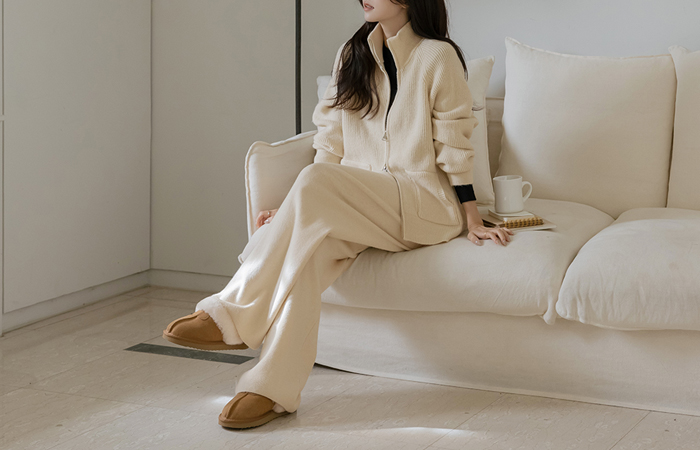 舒适 双重 针织衫 拉链卫衣&裤子 SET