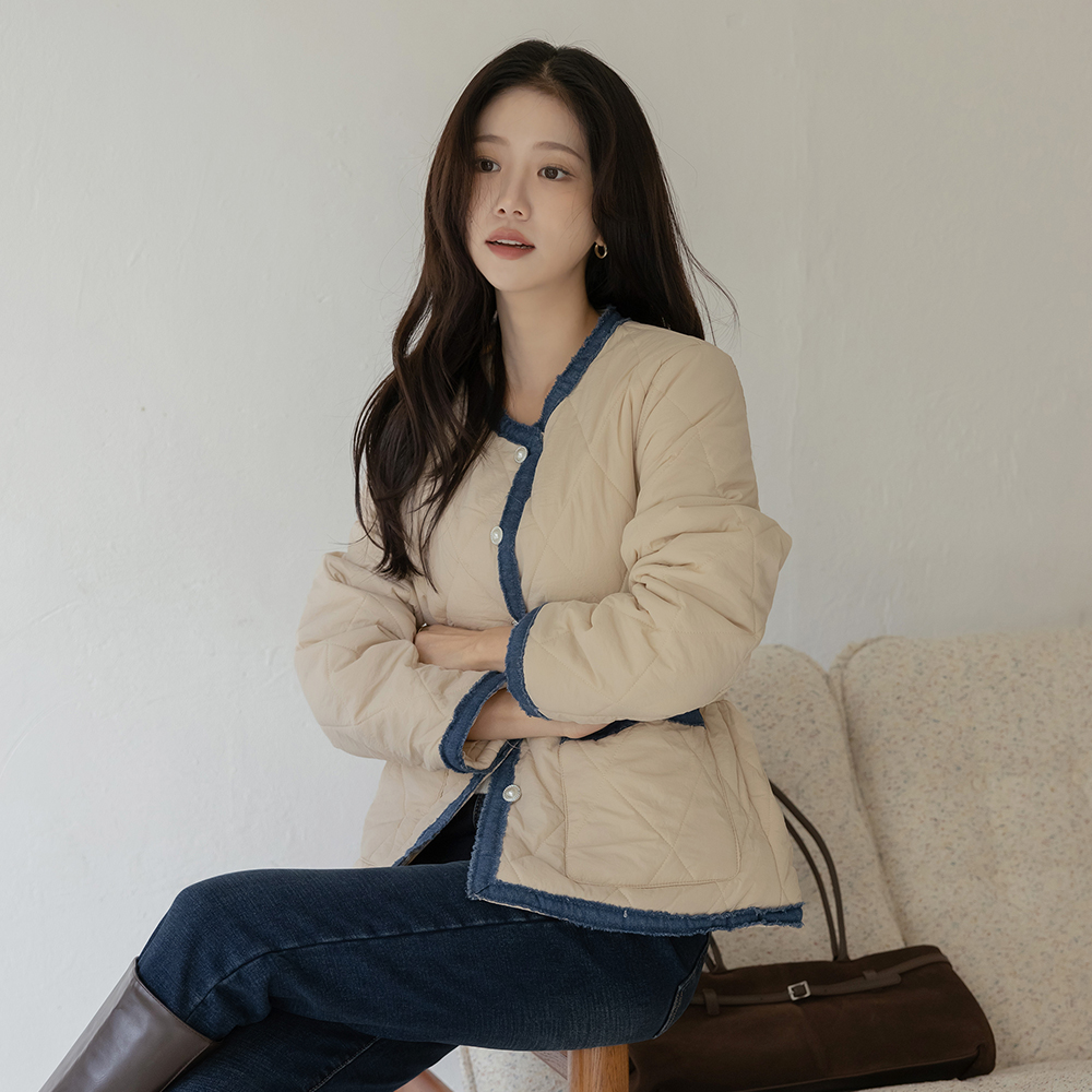 圆领 牛仔色 配色 绗缝 羽绒服(+腰带)