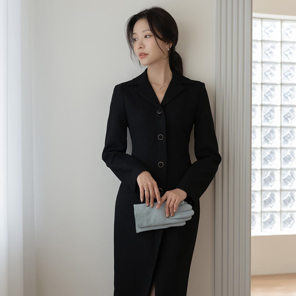 女性化的 翻领 H字型 粗呢 连衣裙