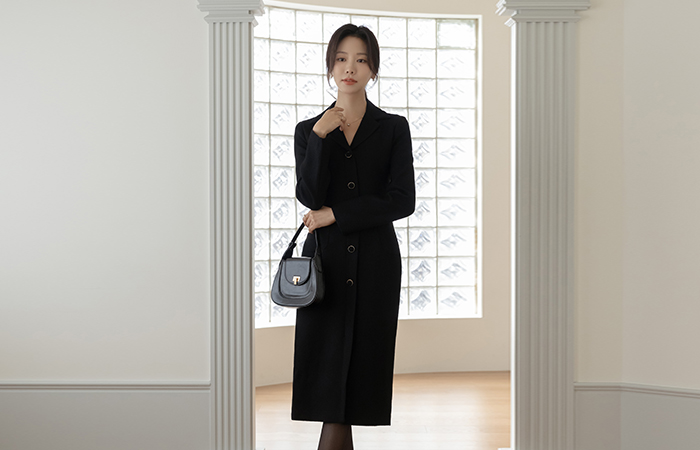 女性化的 翻领 H字型 粗呢 连衣裙