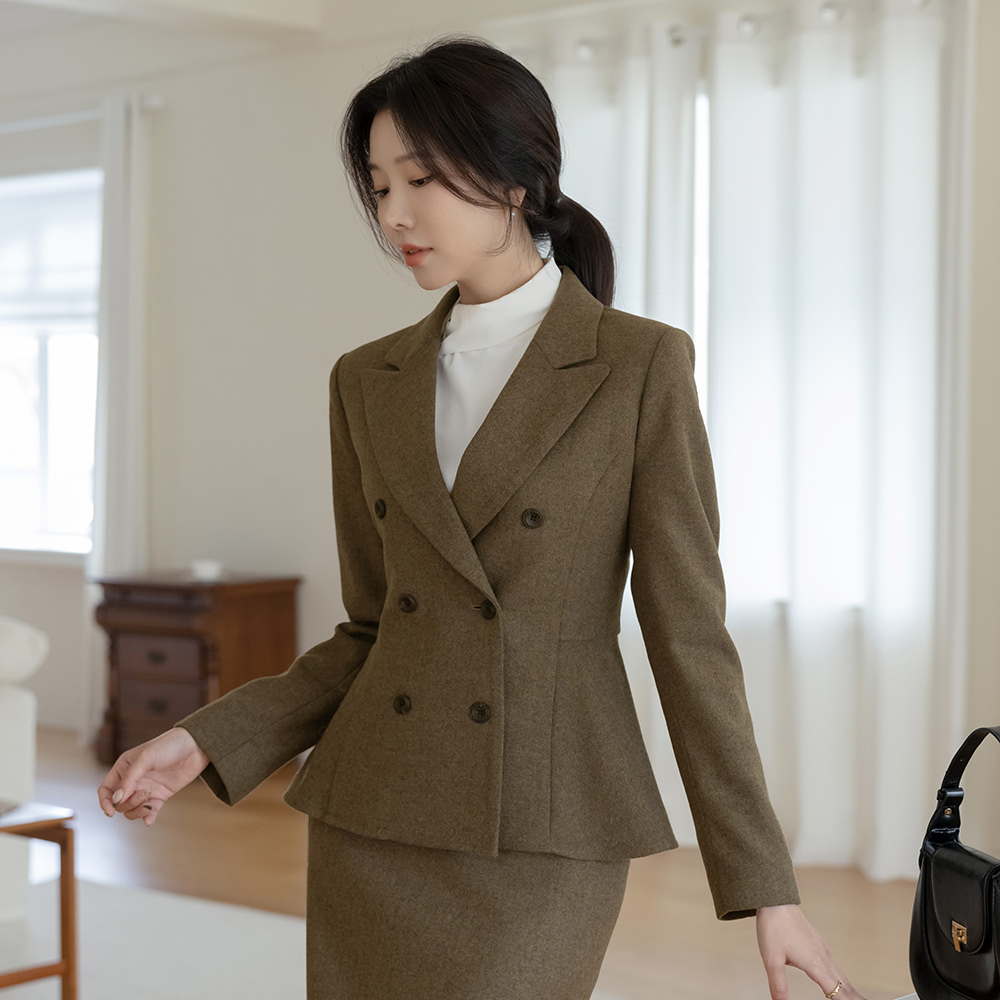 ODE 羊毛 人字呢 荷叶边 Set-up 夹克