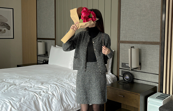 亮片 点缀 羊毛 开衫&裙子 SET