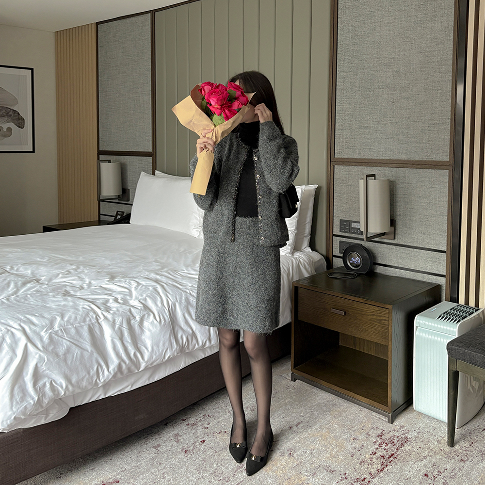 亮片 点缀 羊毛 开衫&裙子 SET