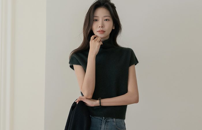 半高领 领 羔羊毛 帽檐袖 针织衫