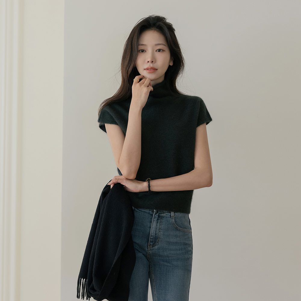 半高领 领 羔羊毛 帽檐袖 针织衫