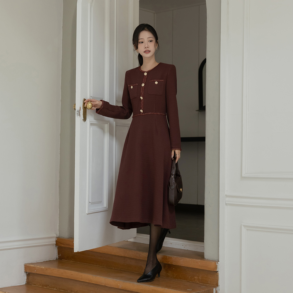 女性化的 配色 粗呢 A字型 连衣裙