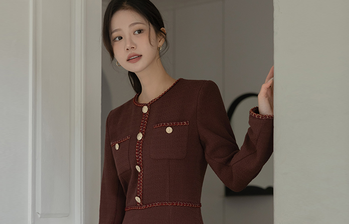 女性化的 配色 粗呢 A字型 连衣裙