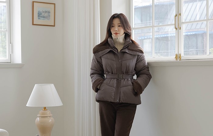 柔软的 羊毛 配色 短上衣 羽绒服(+腰带)