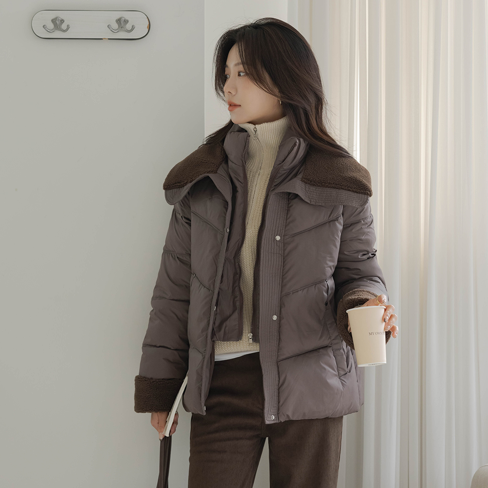 柔软的 羊毛 配色 短上衣 羽绒服(+腰带)