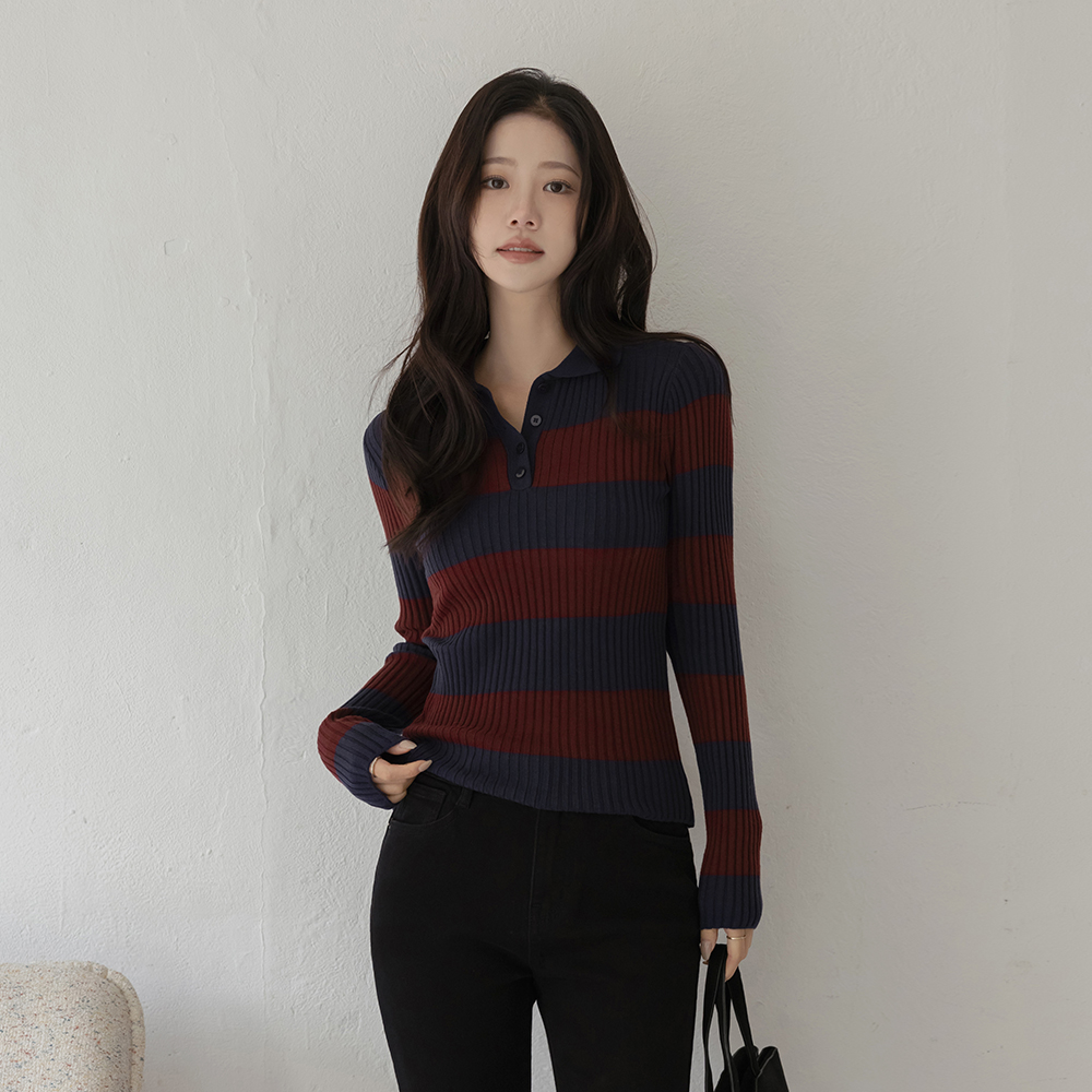 翻领 扣子 横条纹 条绒 针织衫