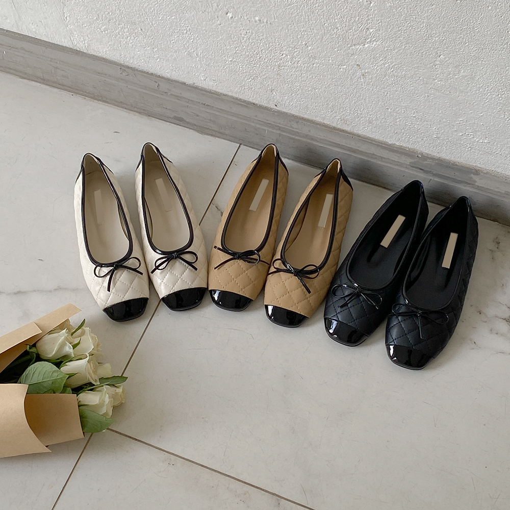 蝴蝶结 钻石 绗缝 配色 平底鞋