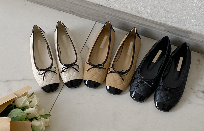 蝴蝶结 钻石 绗缝 配色 平底鞋