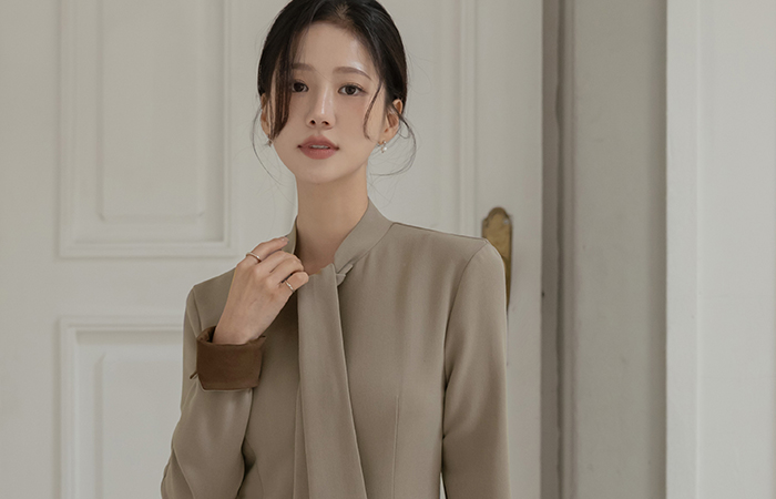 领带 袖 配色 斯利姆 H字型 连衣裙