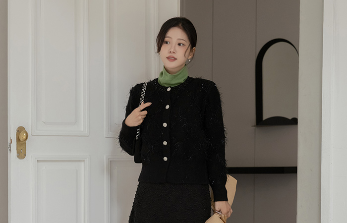 穗饰 装饰 闪亮 稍厚的 开衫