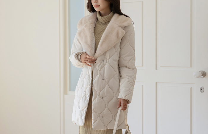 毛皮草 翻领 羽绒棉 绗缝 短上衣 羽绒服(+腰带)