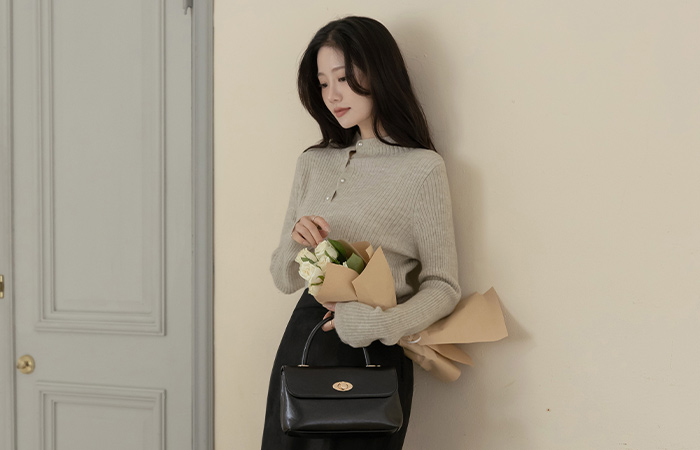 半高领 珍珠 扭曲 扣子 条绒 针织衫