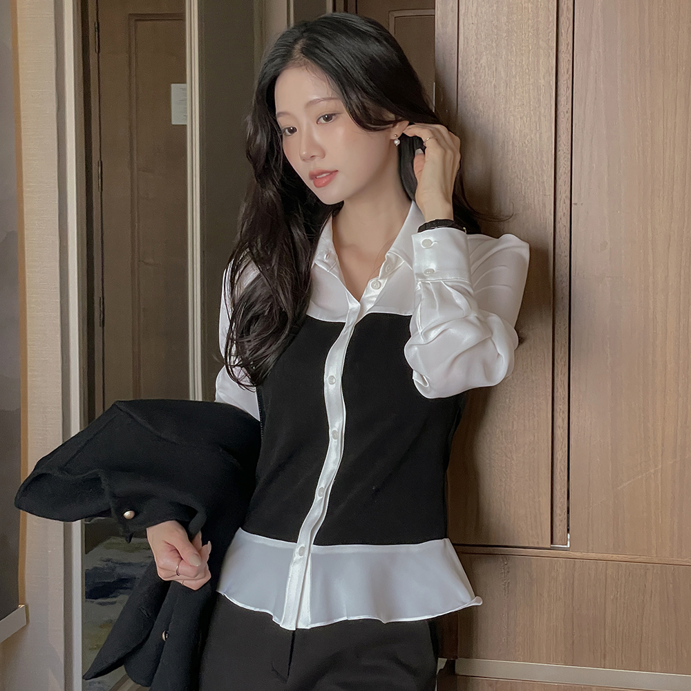 翻领 配色 波浪卷 罩衫