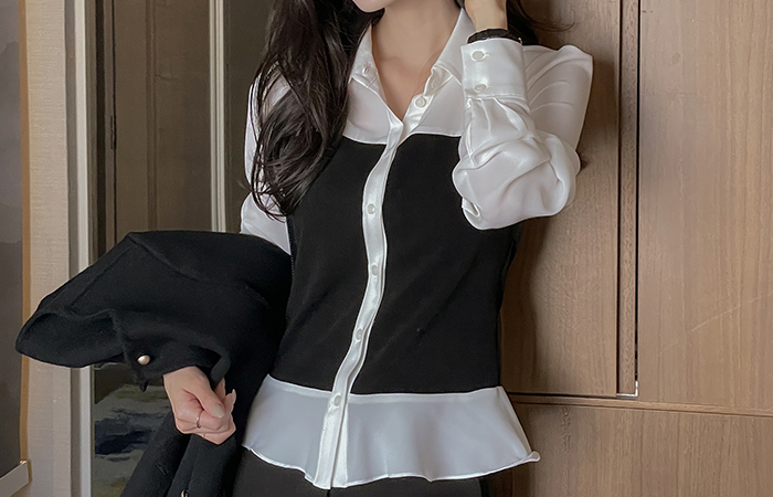 翻领 配色 波浪卷 罩衫