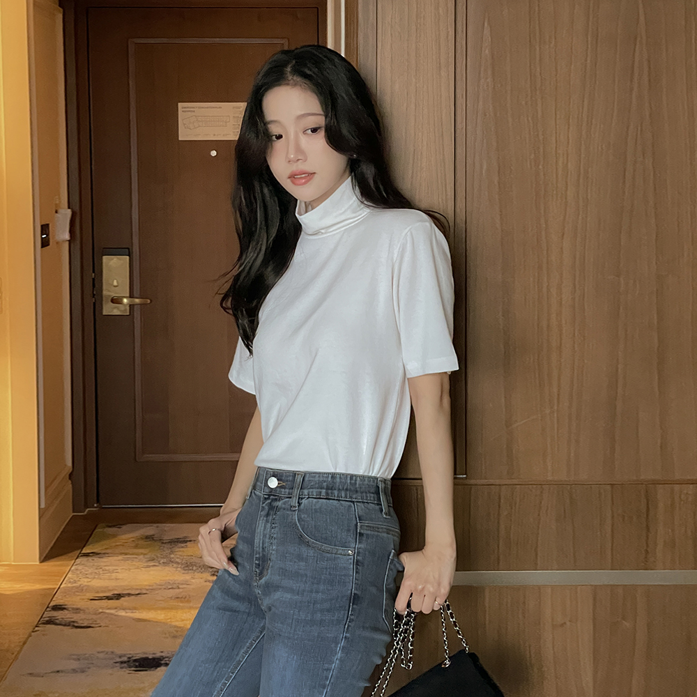 基本 安哥拉 短袖 高领 T恤衫