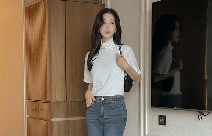 基本 安哥拉 短袖 高领 T恤衫