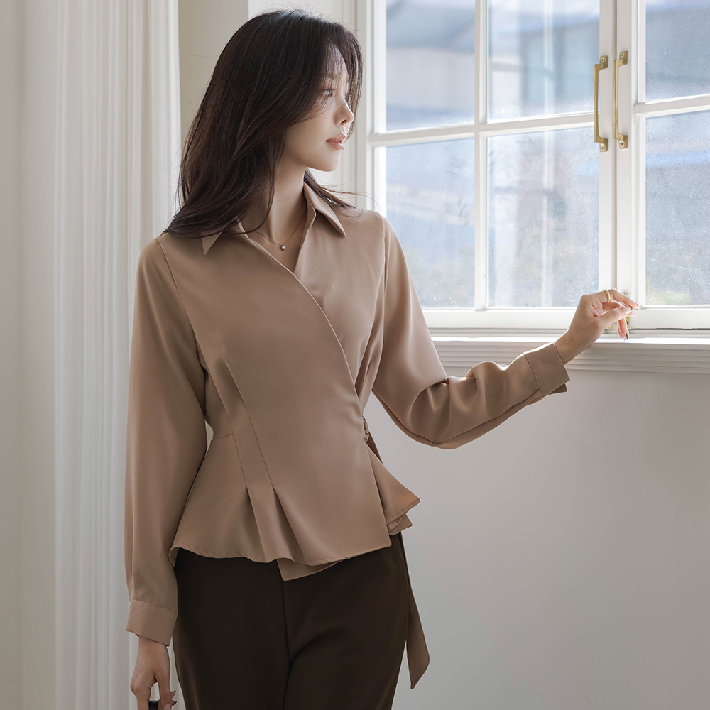 翻领 D戒指 裹身 腰带 罩衫