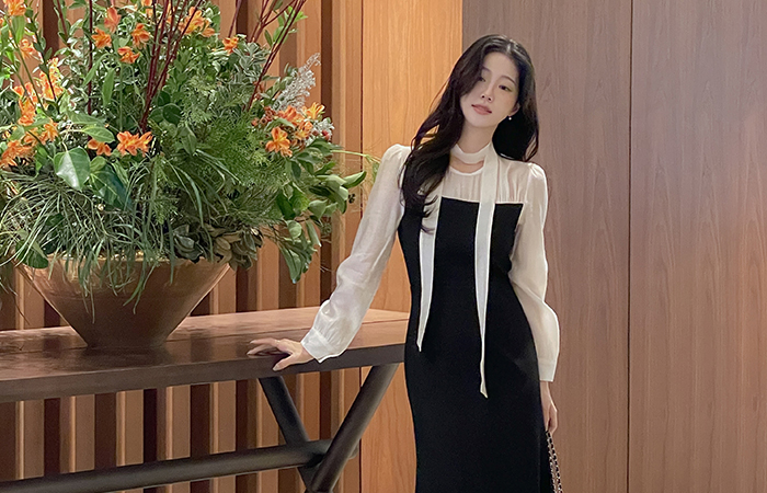 分层 配色 连衣裙(+领带)(2type)