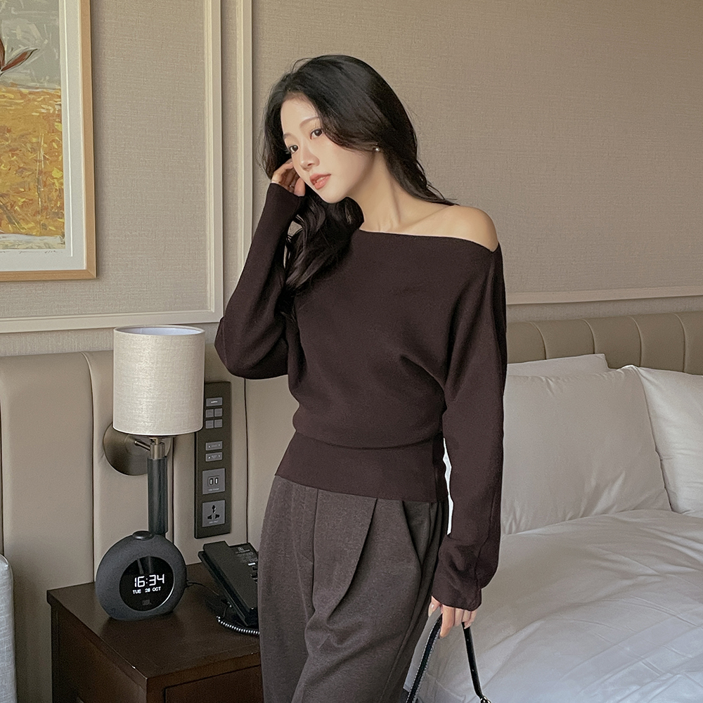 双重 肩膀 不规则 羊毛 针织衫