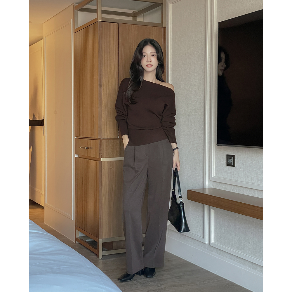 人字呢 一字型 细褶 拉绒 宽松长裤