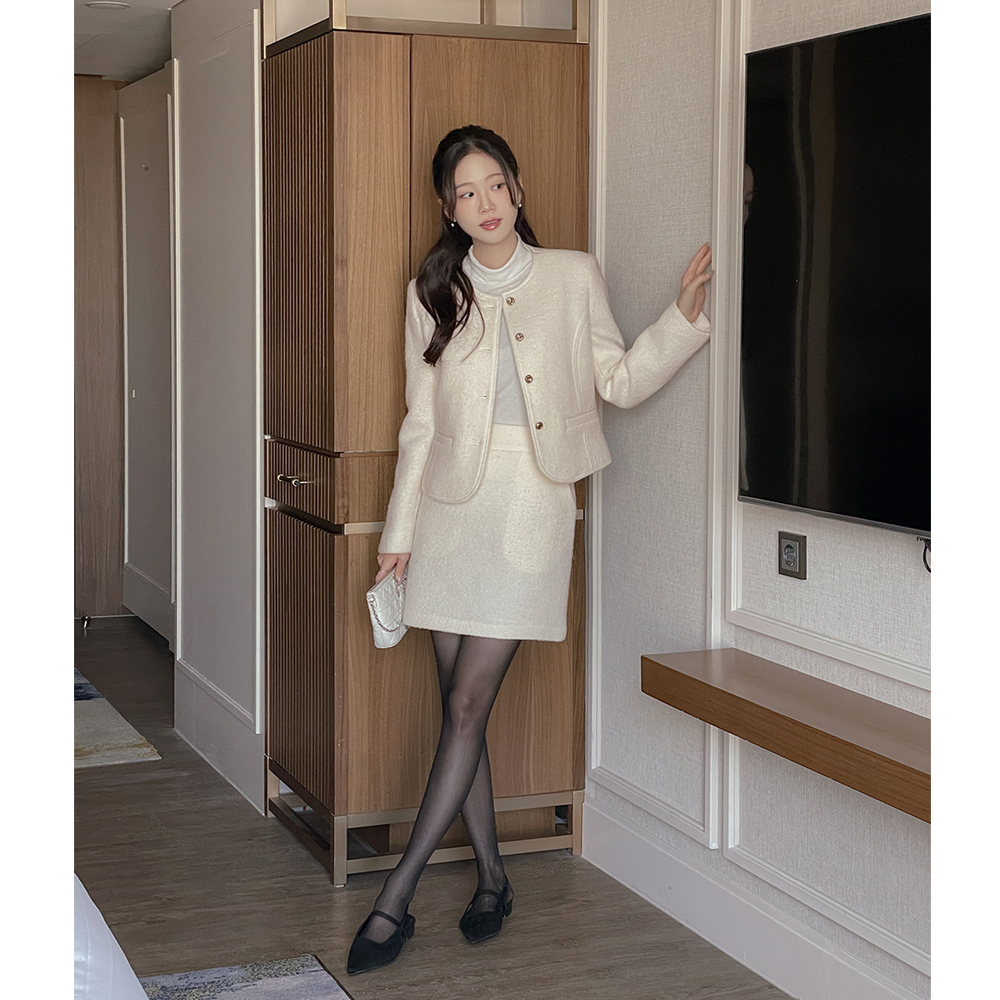 羊毛100% 结子花式 粗呢 迷你 Set-up 裙子