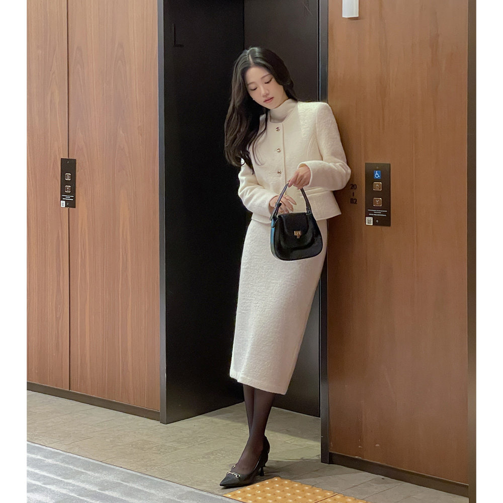 羊毛100% 结子花式 粗呢 H字型 长款 Set-up 裙子