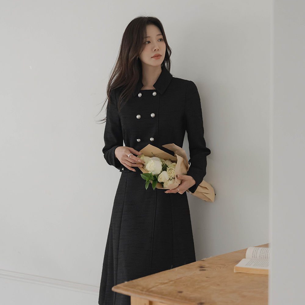 女性化的 珍珠 A字型 粗呢 连衣裙(+腰带)