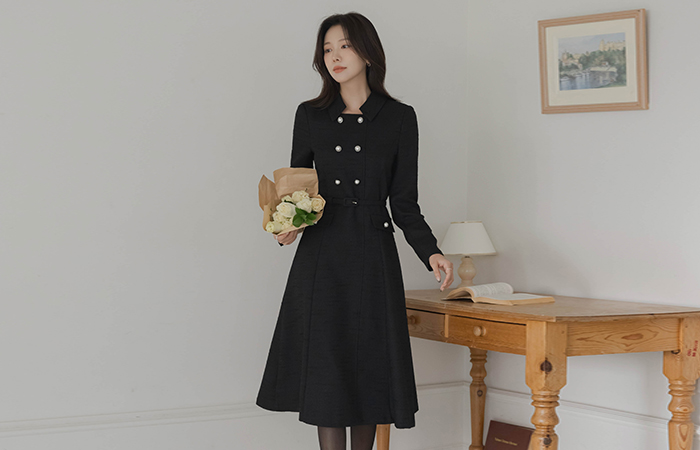 女性化的 珍珠 A字型 粗呢 连衣裙(+腰带)