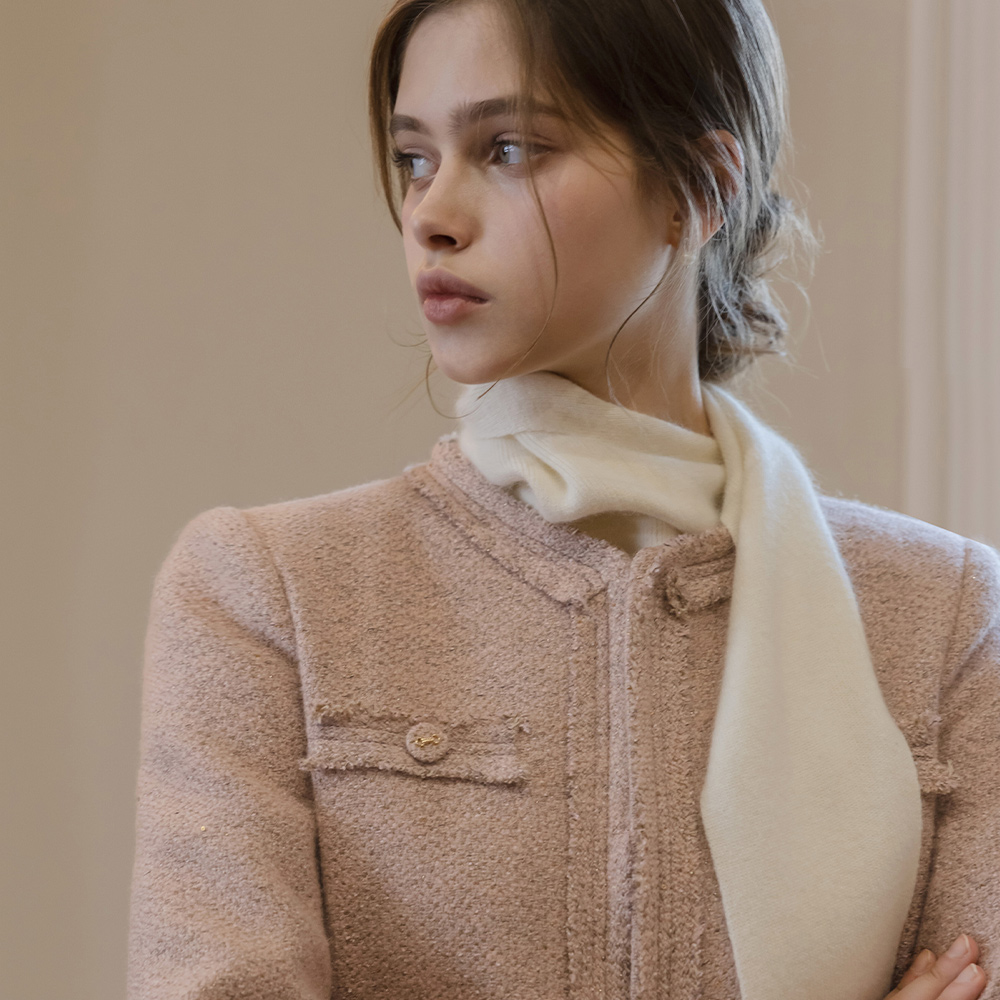 玫瑰色 混合 羊毛 穗饰 粗呢 Set-up 夹克