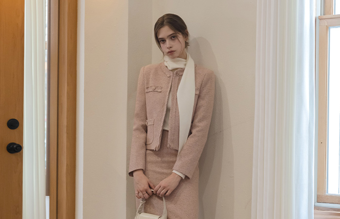 玫瑰色 混合 羊毛 穗饰 粗呢 Set-up 夹克