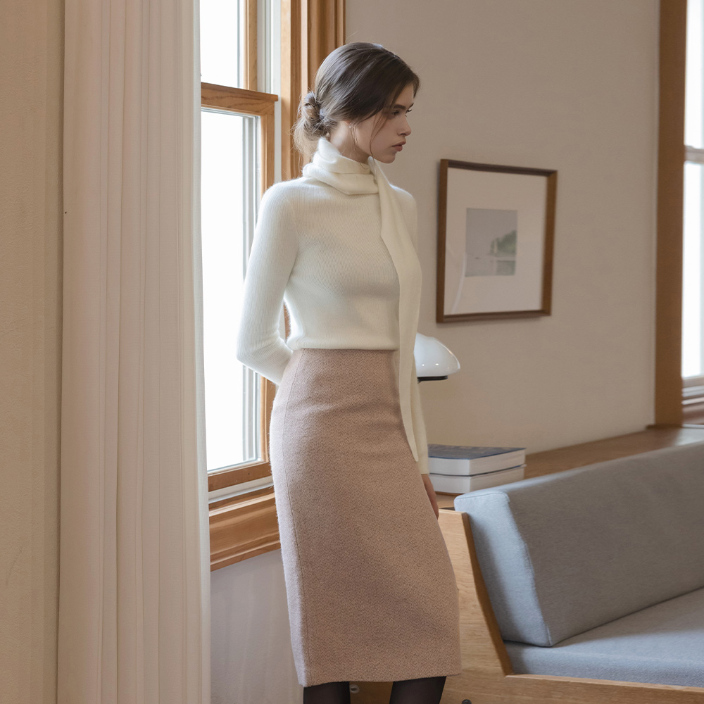 玫瑰色 混合 羊毛 H字型 粗呢 Set-up 裙子